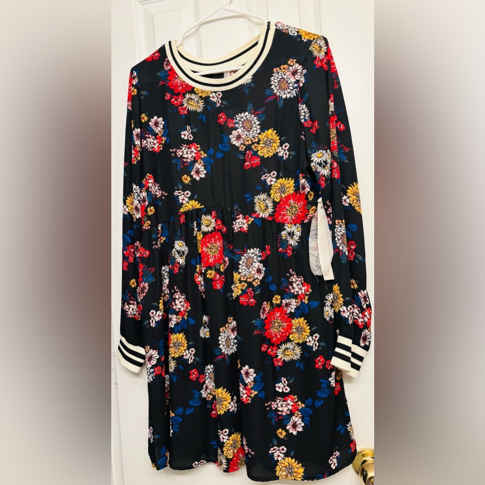 Taylor & Sage Floral Long Sleeve Dress - Black, Red, Yellow, Blue